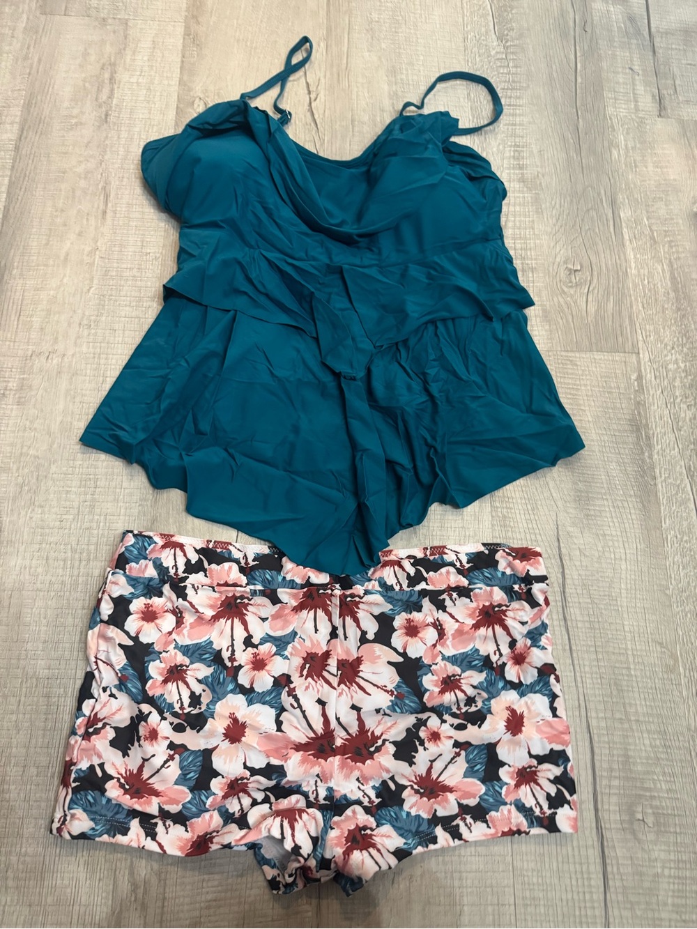 Teal Ruffled Tankini Top with Floral Swim Shorts